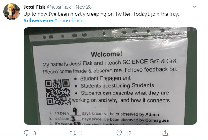A sign on a classroom door asking people to come and observe student engagement the classroom, from Twitter.