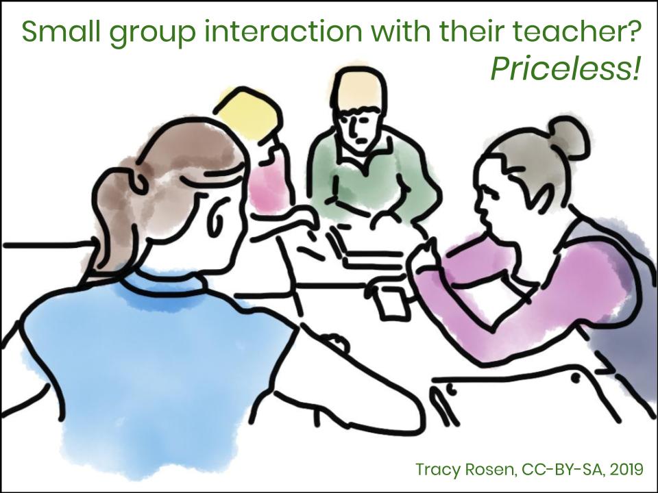 Drawing of students in a small group with text: small group interaction with their teacher? Priceless! By Tracy Rosen